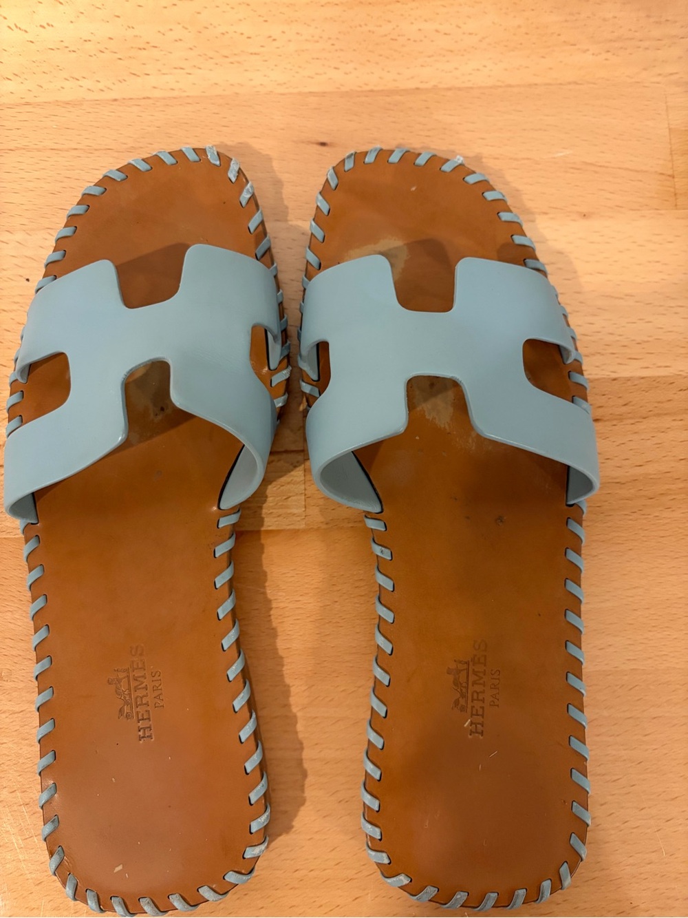 Hermes Baby Blue Leather Oran Slide Sandals